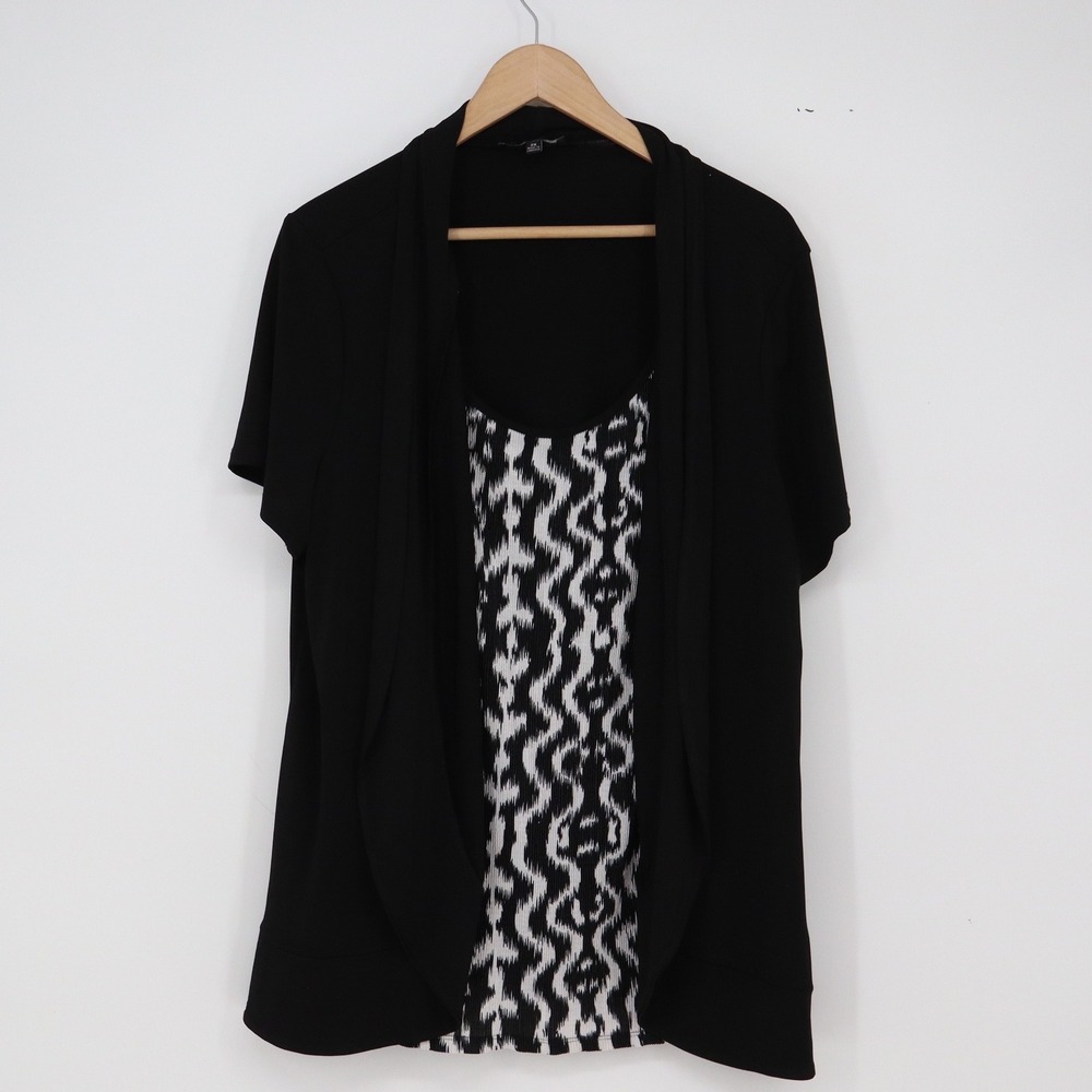 Notations Top Womens 2X Black White Layered Inset Short Sleeve